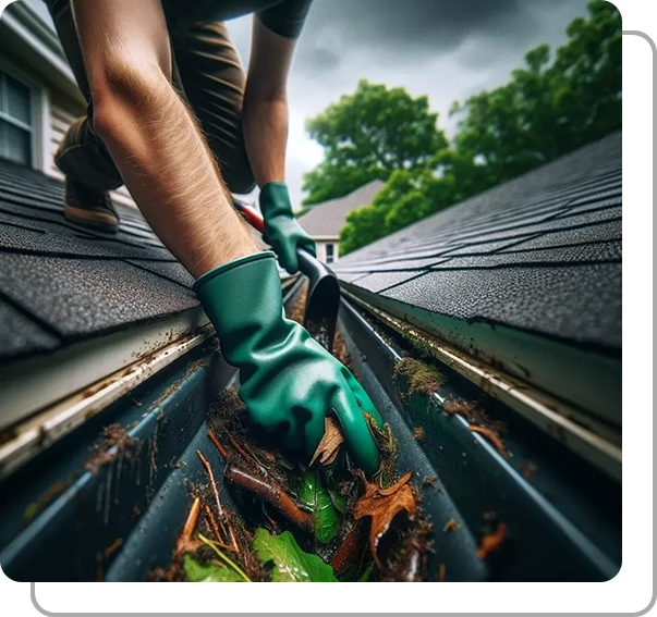 A person wearing gloves and cleaning leaves from the gutter.