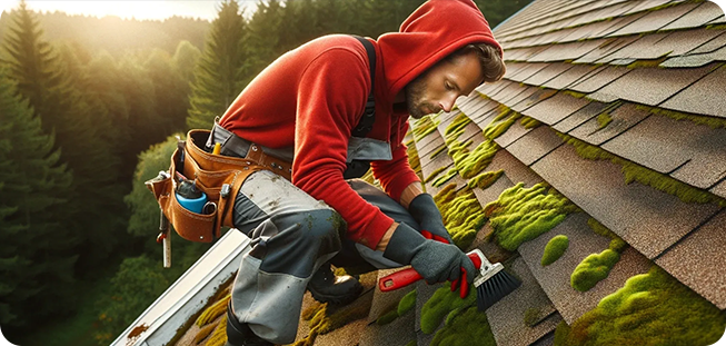 A man in red shirt and grey pants working on roof.