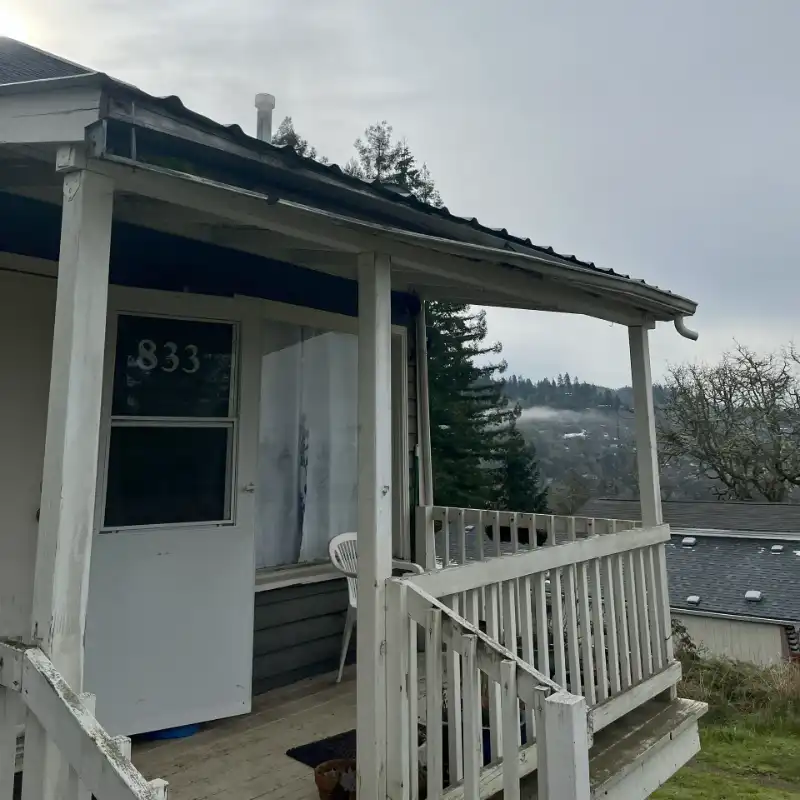 A porch with a white door and railing.