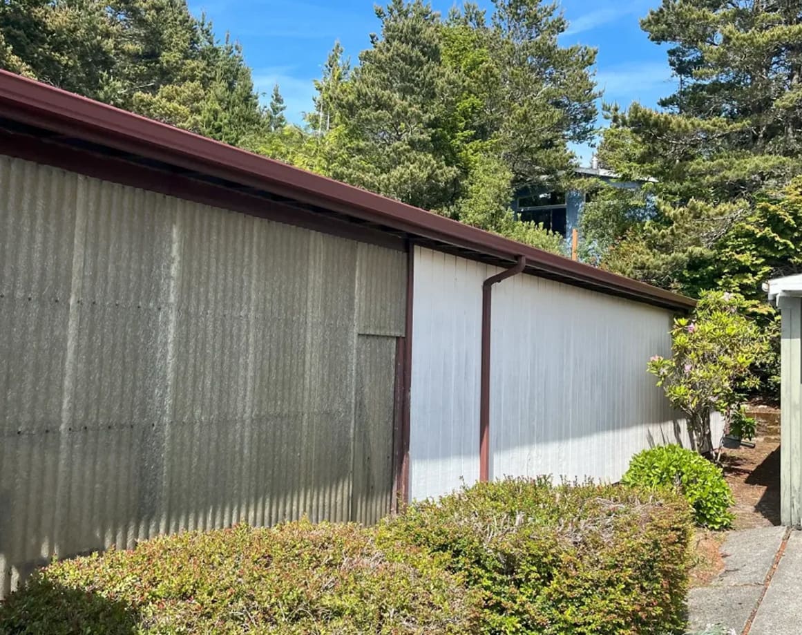 White and corrugated metal shed with trees.