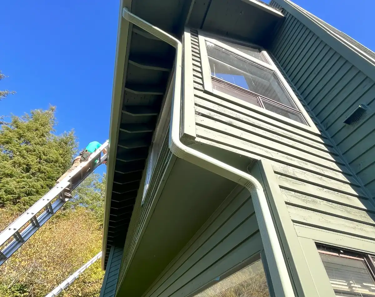 A person on a ladder cleaning gutters.