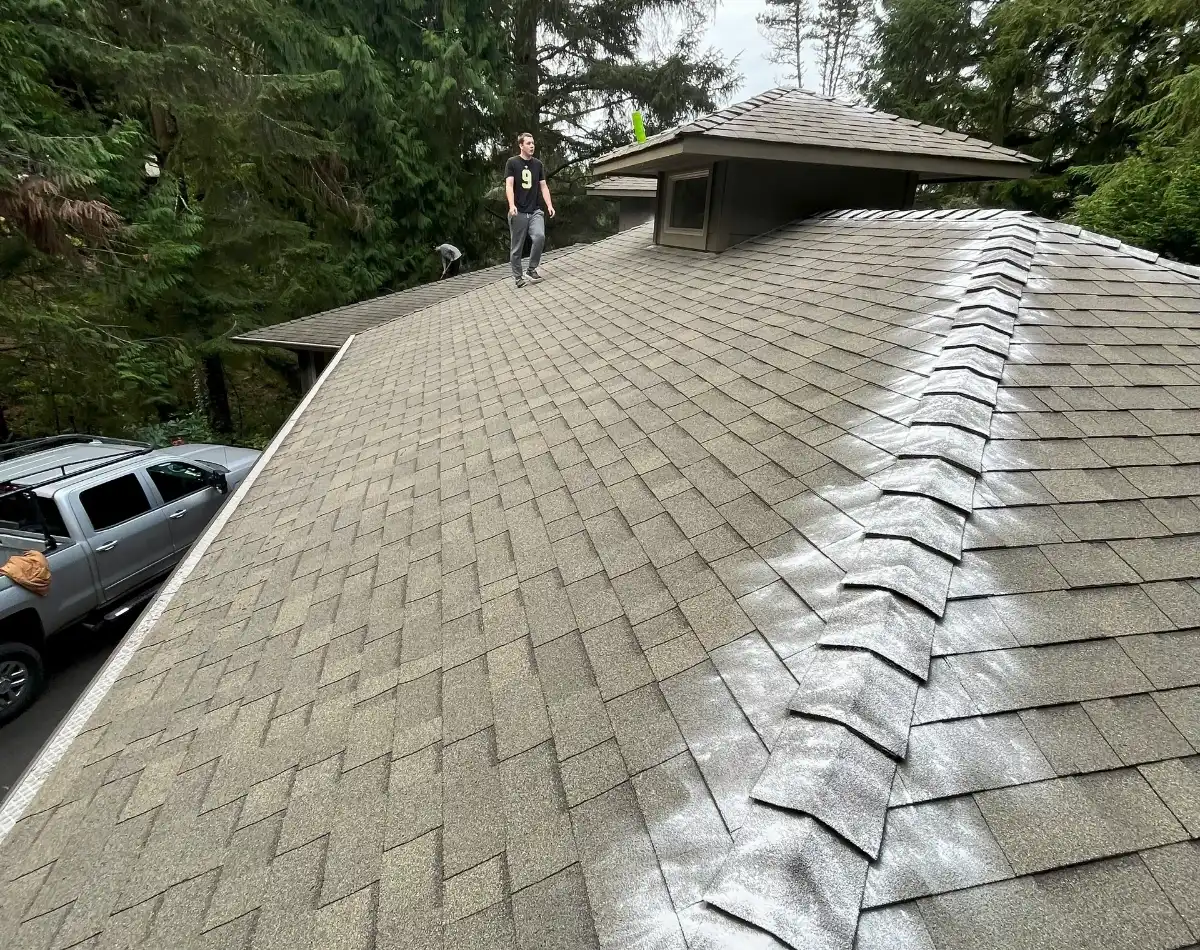 Man walking on a roof with white streaks.