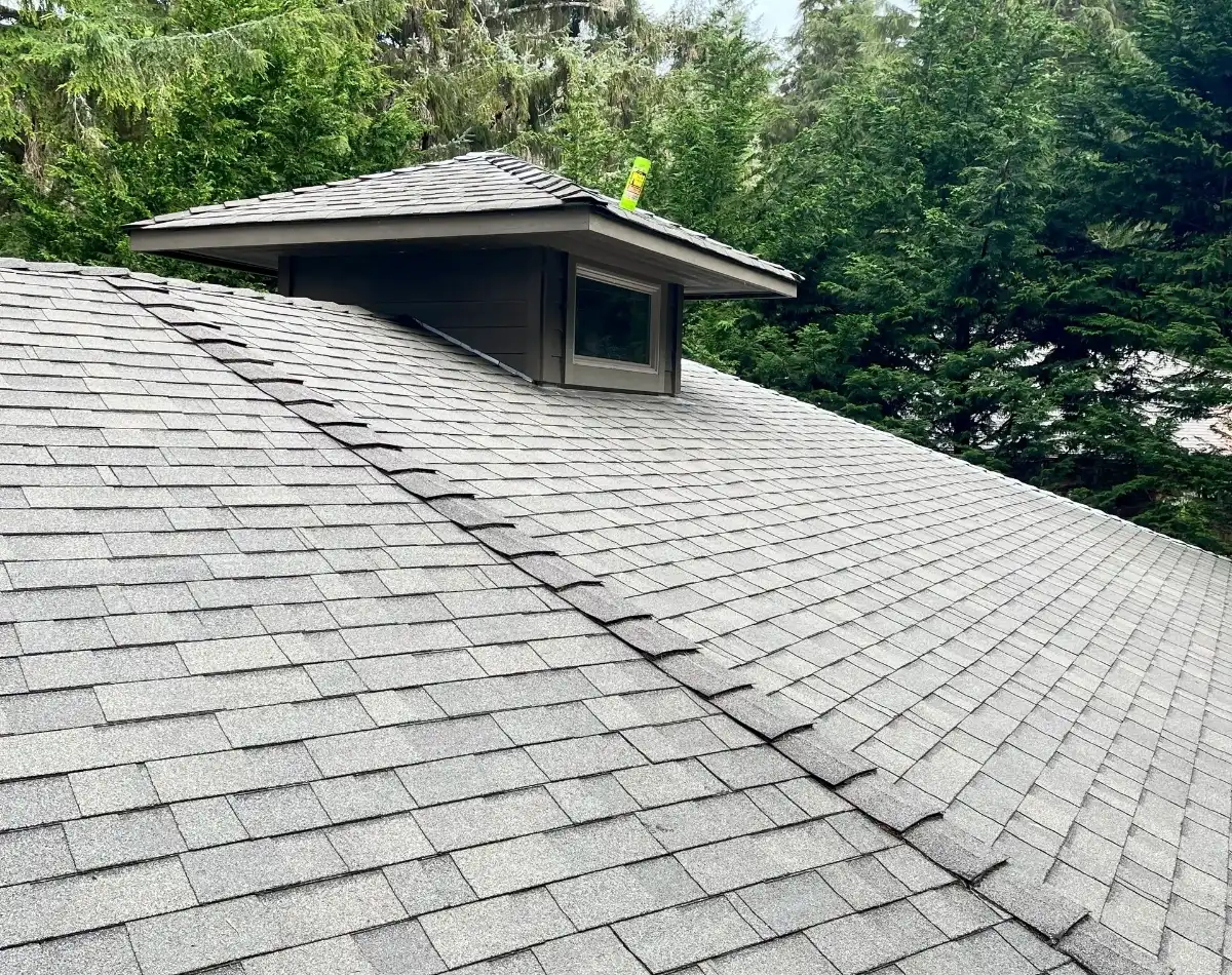 Gray shingled roof with dormer window.